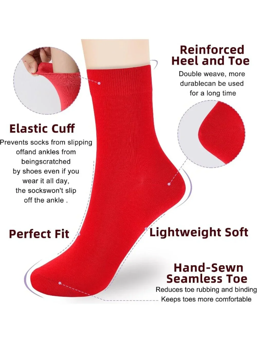 🧦Women's Dark Red 6 Pairs Thin Above Ankle Socks Cotton Crew Socks